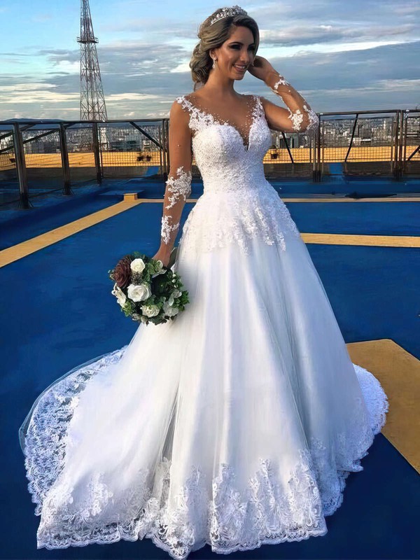 Different A-line Scoop Neck Tulle Appliques Lace Court Train Long Sleeve Wedding Dresses #DOB00022701