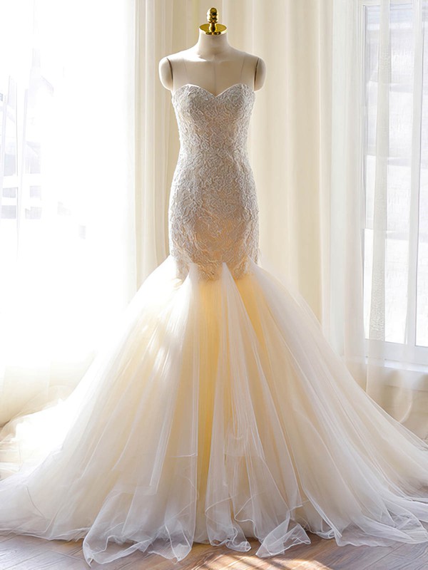 Original Sweetheart Tulle with Appliques Lace Court Train Trumpet/Mermaid Wedding Dresses #DOB00022703