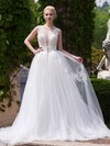 Exclusive A-line Scoop Neck Tulle Appliques Lace Court Train Backless Wedding Dresses #DOB00022705