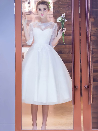 Tea-length A-line Scoop Neck Tulle Appliques Lace Pretty 1/2 Sleeve Wedding Dresses #DOB00022708