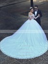 Glamorous Ball Gown V-neck Tulle Appliques Lace Chapel Train Long Sleeve Wedding Dresses #DOB00022710