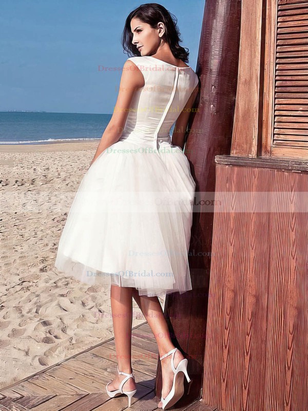 Simple Princess Scoop Neck Satin Tulle with Ruffles Knee-length Wedding Dresses #DOB00022714