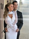 High Neck Trumpet/Mermaid Chiffon Tulle Appliques Lace Floor-length Open Back Famous Long Sleeve Wedding Dresses #DOB00022715