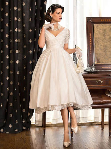Classy Tea-length A-line V-neck Taffeta with Lace Short Sleeve Wedding Dresses #DOB00022716