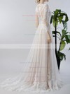 A-line V-neck Tulle Appliques Lace Sweep Train Long Sleeve Custom Wedding Dresses #DOB00022717