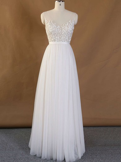Backless A-line V-neck Tulle with Appliques Lace Floor-length Cheap Wedding Dresses #DOB00022718
