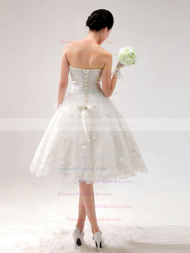 Sweetheart Princess Knee-length Lace Satin Draped Wedding Dresses #DOB00017014