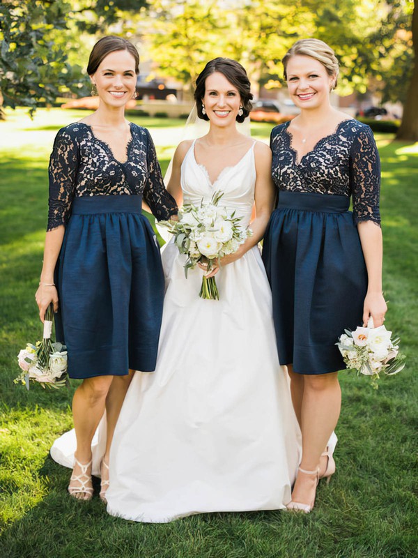 A-line Taffeta with Lace Sweep Train Inexpensive V-neck Wedding Dresses #DOB00022721
