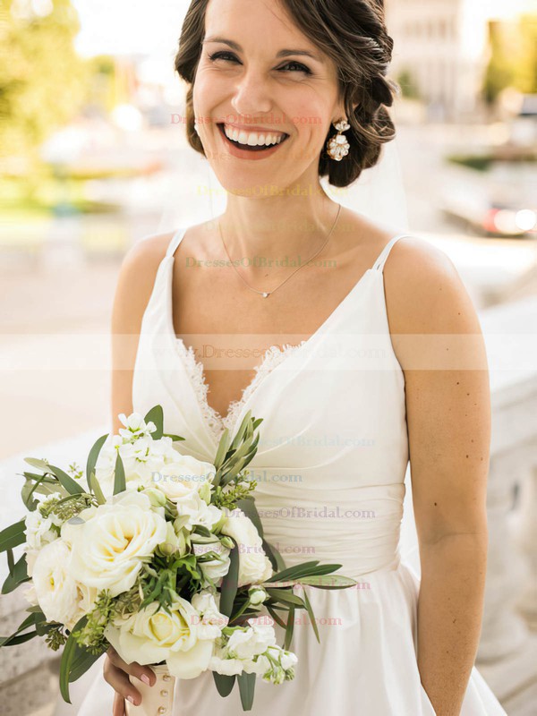 A-line Taffeta with Lace Sweep Train Inexpensive V-neck Wedding Dresses #DOB00022721