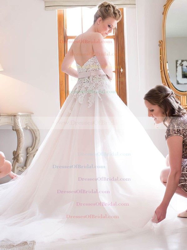 Elegant A-line Sweetheart Tulle with Appliques Lace Court Train Wedding Dresses #DOB00022722