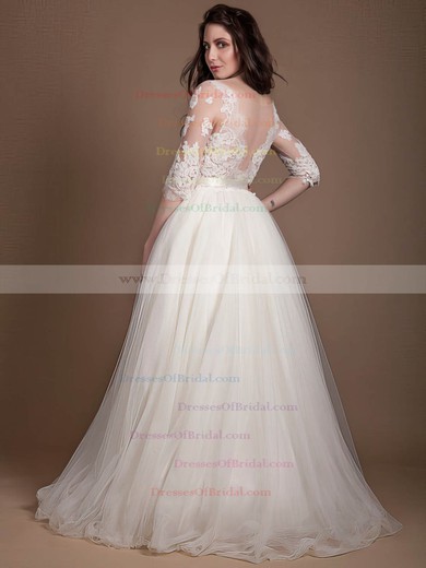New Princess Scoop Neck Tulle Appliques Lace Floor-length 1/2 Sleeve Wedding Dresses #DOB00022723