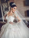 New Arrival Ball Gown Scoop Neck Tulle Appliques Lace Chapel Train Long Sleeve Wedding Dresses #DOB00022727
