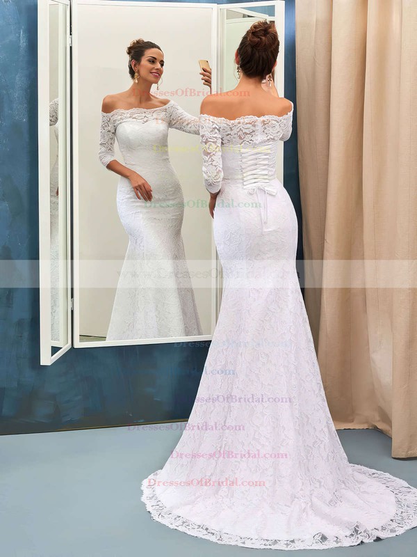Off-the-shoulder Lace Sweep Train Trumpet/Mermaid 3/4 Sleeve Top Wedding Dresses #DOB00022733