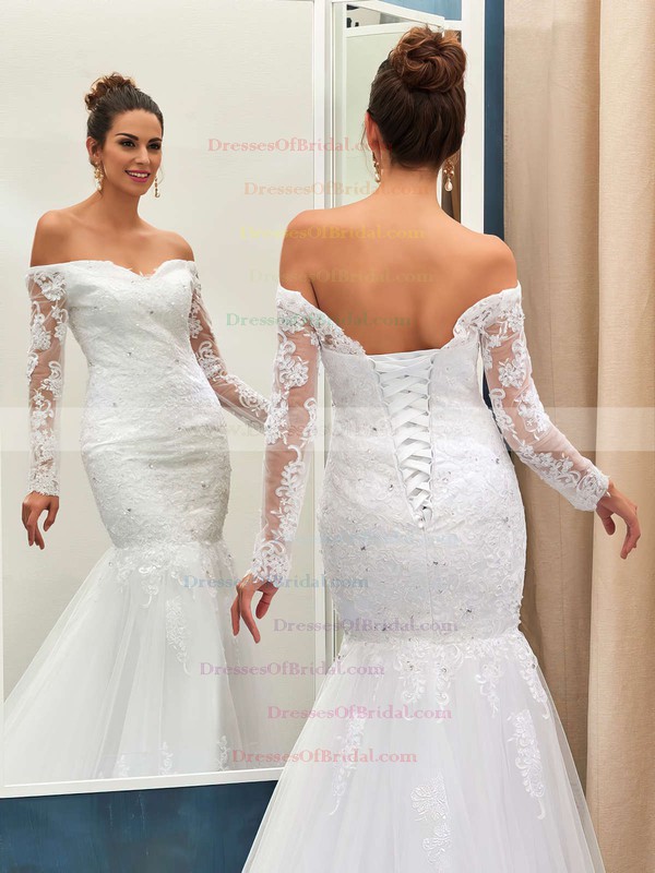 Nicest Off-the-shoulder Trumpet/Mermaid Tulle Appliques Lace Sweep Train Long Sleeve Wedding Dresses #DOB00022735