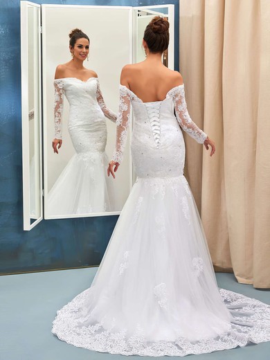 Nicest Off-the-shoulder Trumpet/Mermaid Tulle Appliques Lace Sweep Train Long Sleeve Wedding Dresses #DOB00022735