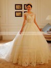 Sparkly Ball Gown Scoop Neck Tulle Appliques Lace Chapel Train Open Back Wedding Dresses #DOB00022738