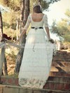 Fashion A-line Scoop Neck Lace Sashes / Ribbons Sweep Train 1/2 Sleeve Wedding Dresses #DOB00022748
