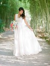A-line V-neck Lace Chiffon with Ruffles Floor-length Graceful Backless Wedding Dresses #DOB00022749