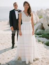 A-line V-neck Lace Chiffon with Ruffles Floor-length Graceful Backless Wedding Dresses #DOB00022749