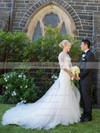 Trumpet/Mermaid Scoop Neck Tulle Appliques Lace Court Train Elegant 3/4 Sleeve Wedding Dresses #DOB00022754