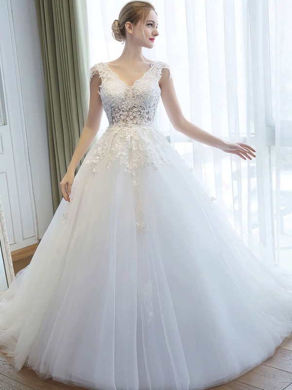 Fabulous V-neck Tulle with Appliques Lace Court Train Ball Gown Backless Wedding Dresses #DOB00022757