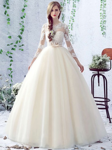Open Back Ball Gown Scalloped Neck Tulle Appliques Lace Floor-length Sweet 3/4 Sleeve Wedding Dresses #DOB00022758