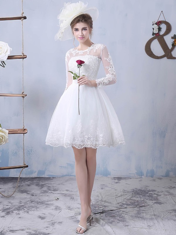 Pretty A-line Scoop Neck Tulle Appliques Lace Long Sleeve Short/Mini Wedding Dresses #DOB00022759