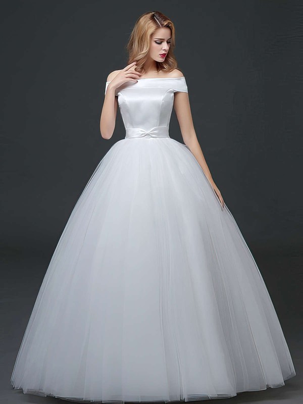 Elegant Ball Gown Satin Tulle Sashes / Ribbons Floor-length Lace-up Off-the-shoulder Wedding Dresses #DOB00022760
