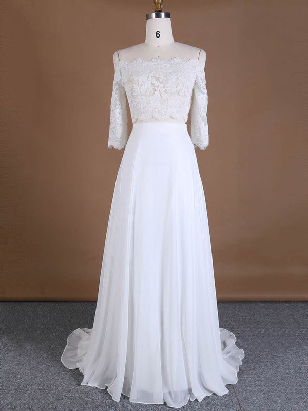 Off-the-shoulder A-line Chiffon Tulle Appliques Lace Sweep Train 3/4 Sleeve Custom Two Piece Wedding Dresses #DOB00022762