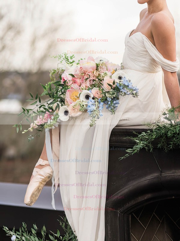 Backless A-line Chiffon Ruffles Floor-length Different Off-the-shoulder Wedding Dresses #DOB00022768