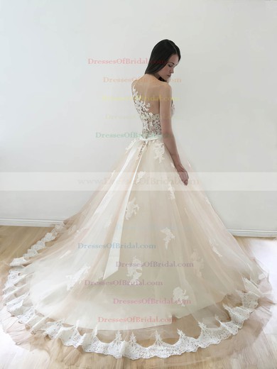 Affordable Sweetheart Tulle with Appliques Lace Court Train Ball Gown Wedding Dresses #DOB00022773