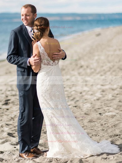 V-neck Backless Sheath/Column Tulle Appliques Lace Sweep Train Popular Wedding Dresses #DOB00022775
