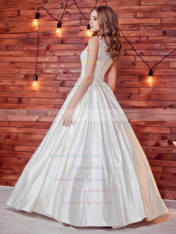 Noble Ball Gown Scoop Neck Satin Lace with Sashes / Ribbons Floor-length Wedding Dresses #DOB00022784