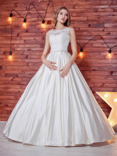 Noble Ball Gown Scoop Neck Satin Lace with Sashes / Ribbons Floor-length Wedding Dresses #DOB00022784