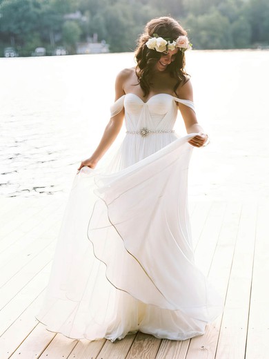 Off-the-shoulder A-line Chiffon Sashes / Ribbons Floor-length Newest Backless Wedding Dresses #DOB00022791