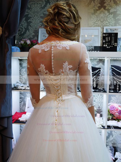 Graceful Scoop Neck Ball Gown Tulle Appliques Lace Floor-length 1/2 Sleeve Wedding Dresses #DOB00022795
