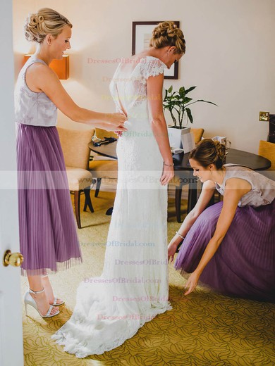 Perfect Scoop Neck Lace Tulle Appliques Lace Sweep Train Cap Straps Sheath/Column Wedding Dresses #DOB00022796