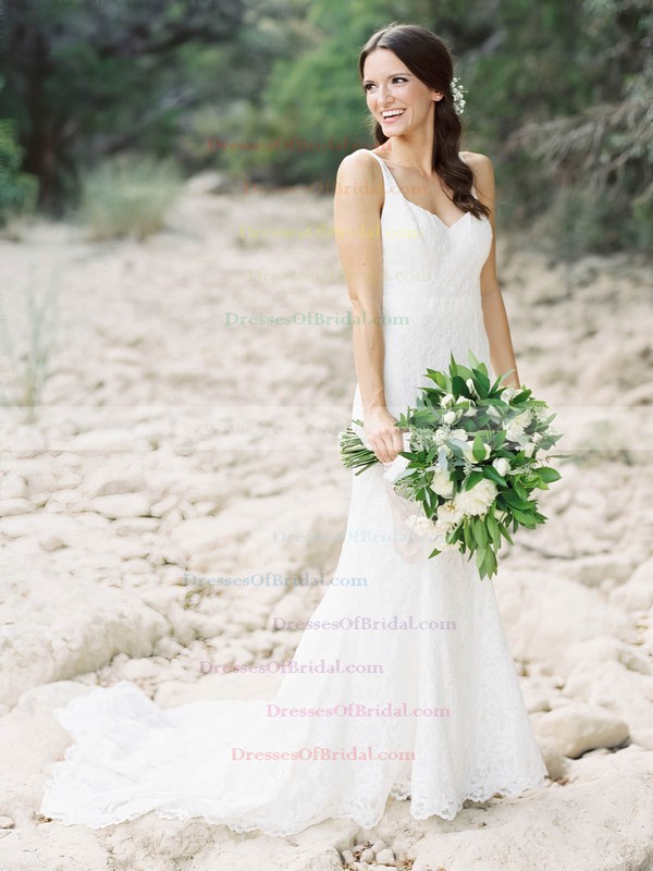 Trumpet/Mermaid V-neck Lace with Ruffles Sweep Train Elegant Backless Wedding Dresses #DOB00022797
