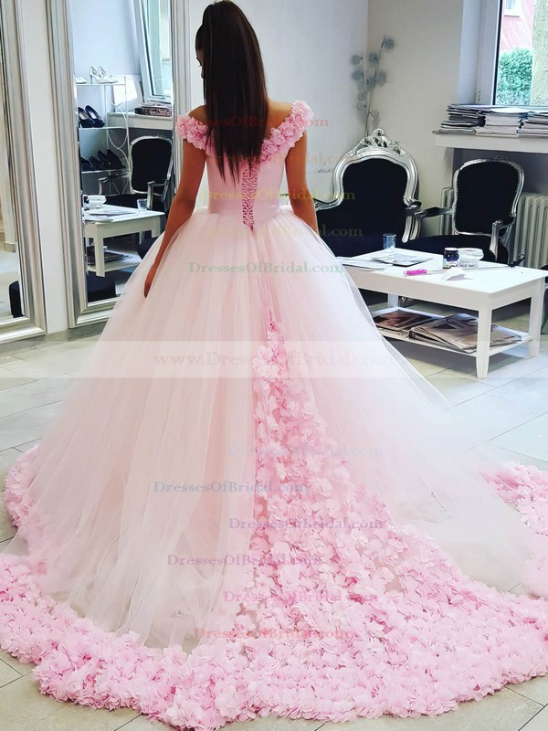 Glamorous Ball Gown Pink Tulle Appliques Lace Court Train Off-the-shoulder Wedding Dresses #DOB00022798