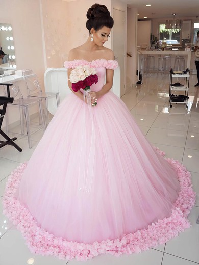 Glamorous Ball Gown Pink Tulle Appliques Lace Court Train Off-the-shoulder Wedding Dresses #DOB00022798