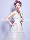 V-neck Ivory Tulle with Appliques Lace Chapel Train Beautiful Ball Gown Wedding Dresses #DOB00022799