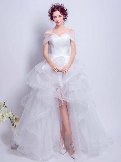 Different Off-the-shoulder Princess White Organza Tiered Asymmetrical Wedding Dresses #DOB00022801