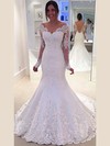 Trumpet/Mermaid Off-the-shoulder Tulle Appliques Lace Sweep Train Modest Long Sleeve Wedding Dresses #DOB00022803