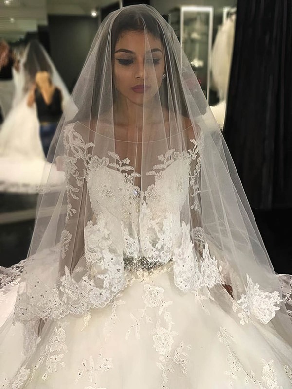 Ball Gown Scoop Neck Tulle Appliques Lace Chapel Train Stunning Long Sleeve Wedding Dresses #DOB00022804