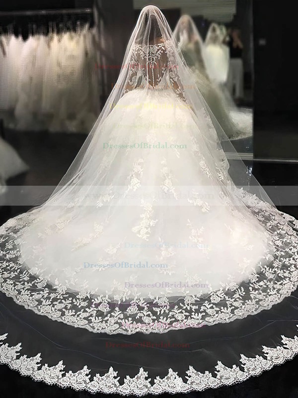Ball Gown Scoop Neck Tulle Appliques Lace Chapel Train Stunning Long Sleeve Wedding Dresses #DOB00022804