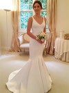 Simple Trumpet/Mermaid V-neck Satin with Bow Sweep Train Backless Wedding Dresses #DOB00022805