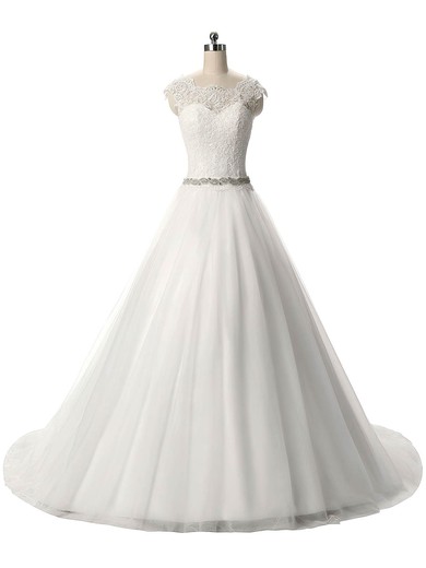 Graceful Scalloped Neck Tulle Sashes / Ribbons Sweep Train Ball Gown Wedding Dresses #DOB00022806
