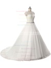 Graceful Scalloped Neck Tulle Sashes / Ribbons Sweep Train Ball Gown Wedding Dresses #DOB00022806
