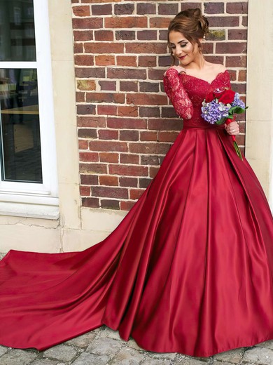 Ball Gown Off-the-shoulder Burgundy Satin Tulle Appliques Lace Watteau Train Classy Long Sleeve Wedding Dresses #DOB00022807