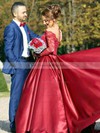 Ball Gown Off-the-shoulder Burgundy Satin Tulle Appliques Lace Watteau Train Classy Long Sleeve Wedding Dresses #DOB00022807